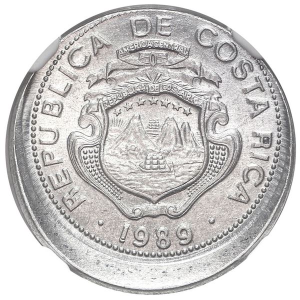 Costa Rica, aluminum 25 centimos, 1989, struck 10% off-center, NGC Mint Error MS 65.