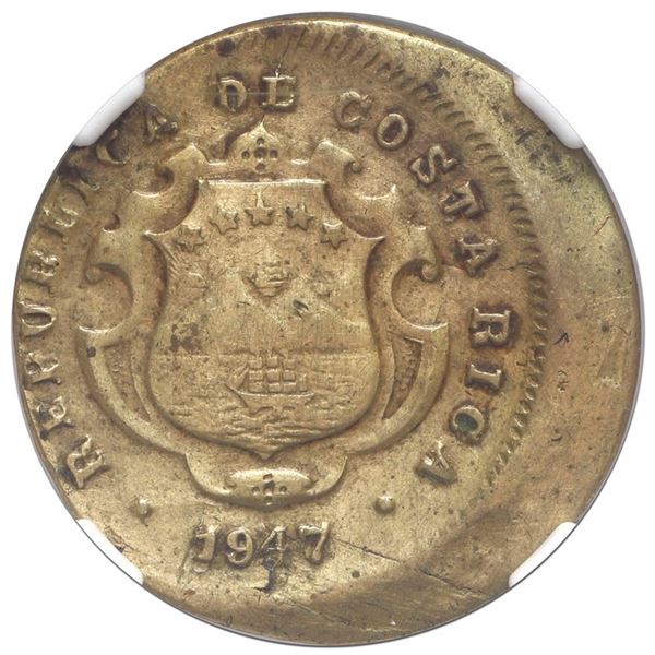 Costa Rica, brass 10 centimos, 1947, struck 10% off-center, NGC Mint Error XF details / damaged, cle