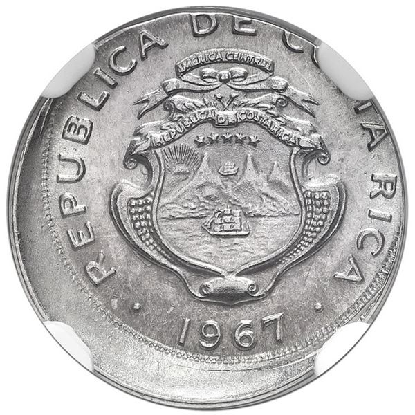 Costa Rica, stainless steel 5 centimos, 1967, struck 15% off-center, NGC Mint Error MS 65.