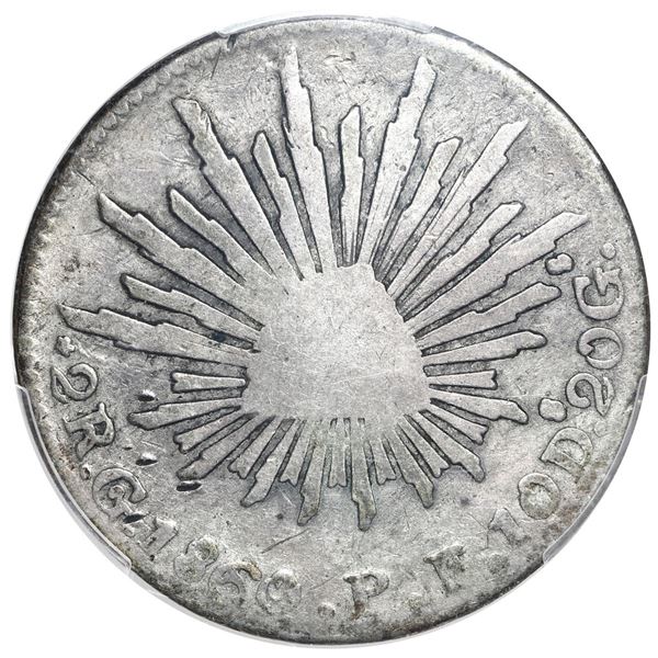 Cuba, 2 reales, short-and-thick "key" countermark (1872-77) on a Guanajuato, Mexico, cap-and-rays 2