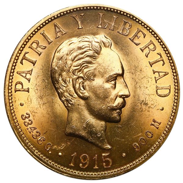 Cuba (struck at the Philadelphia mint), gold 20 pesos, 1915, PCGS MS63, ex-EMO Collection.