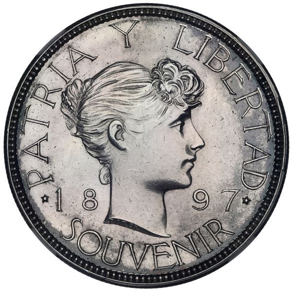 Cuba, "souvenir" peso, 1897, wide date, PAT.97. on neck truncation, NGC AU details / excessive surfa