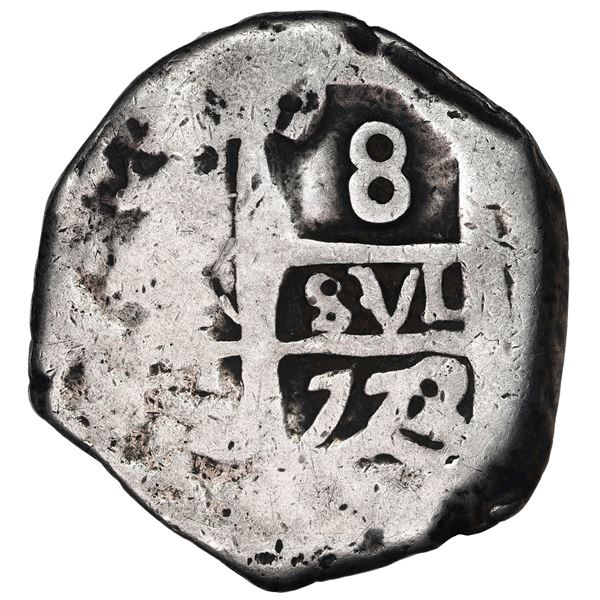 Guatemala, 8 reales, sun-over-mountains countermark (Type II, 1839) on cross side of a Potosi, Boliv