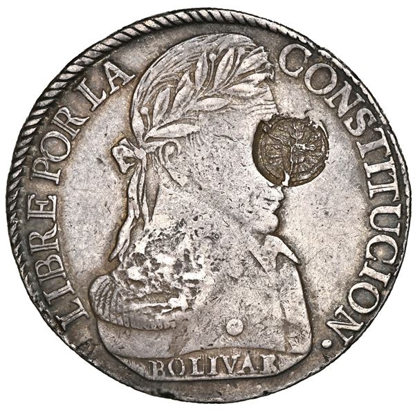 Guatemala, 8 reales, Type III double countermark (1840) on a Potosi, Bolivia, 8 soles, 1827 JM, NGC 