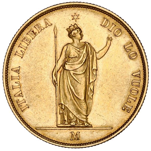 Lombardy (Italian States), gold 40 lira, 1848-M (Milan mint), NGC AU 58.