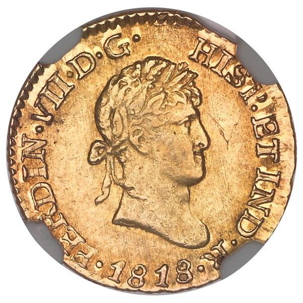 Mexico City, Mexico, gold bust 1/2 escudo, Ferdinand VII, 1818 JJ, NGC AU 58.
