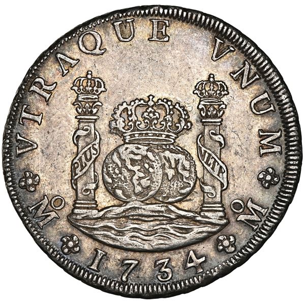 Mexico City, Mexico, pillar 8 reales, Philip V, 1734 MF, /\ for A in VTRAQUE (very rare), NGC MS 62+