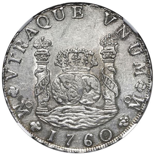 Mexico City, Mexico, pillar 8 reales, Charles III, 1760 MM, NGC UNC details / cleaned.