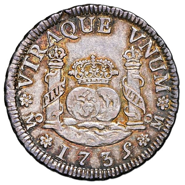 Mexico City, Mexico, pillar 2 reales, Philip V, 1735/4 MF, NGC AU 58, finest known in NGC census, Yo