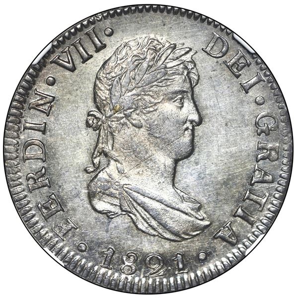 Mexico City, Mexico bust 2 reales, Ferdinand VII, 1821/0 JJ, NGC MS 63.