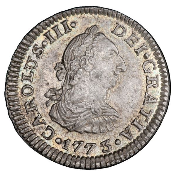Mexico City, Mexico, bust 1/2 real, Charles III, 1773 FM, king's name as CAROLUS, mintmark and assay