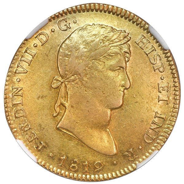 Lima, Peru, gold bust 4 escudos, Ferdinand VII, 1819 JP, NGC AU 55, finest known in NGC census.