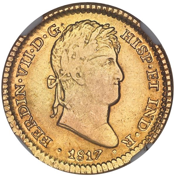 Lima, Peru, gold bust 2 escudos, Ferdinand VII, 1817 JP, NGC AU 53.
