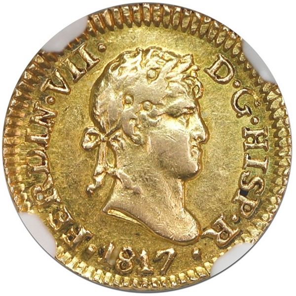 Lima, Peru, gold bust 1/2 escudo, Ferdinand VII, 1817 JP, NGC AU 55.
