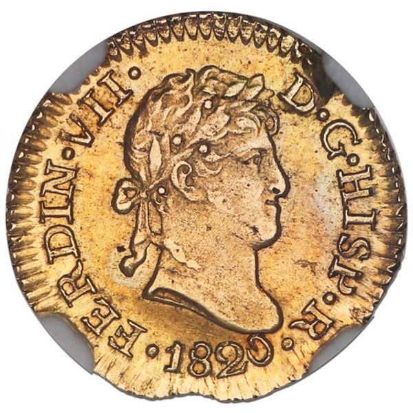 Lima, Peru, gold bust 1/2 escudo, Ferdinand VII, 1820 JP, rare, NGC MS 63 ("top pop").