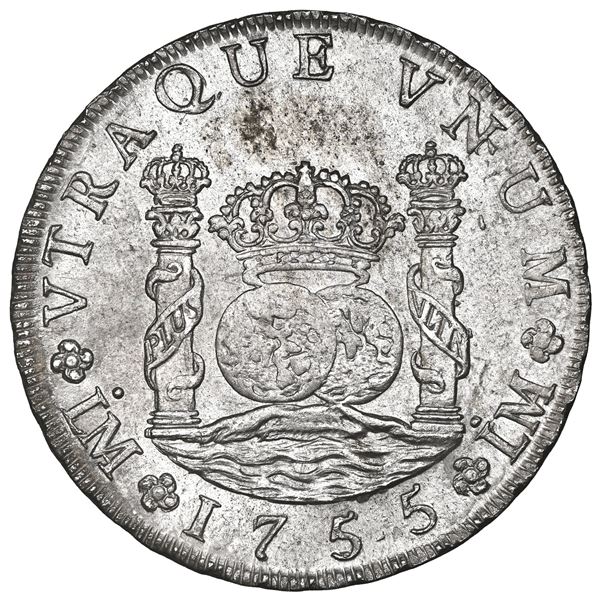 Lima, Peru, pillar 8 reales, Ferdinand VI, 1755 JD, first 5 of date Arabic style over Spanish style,