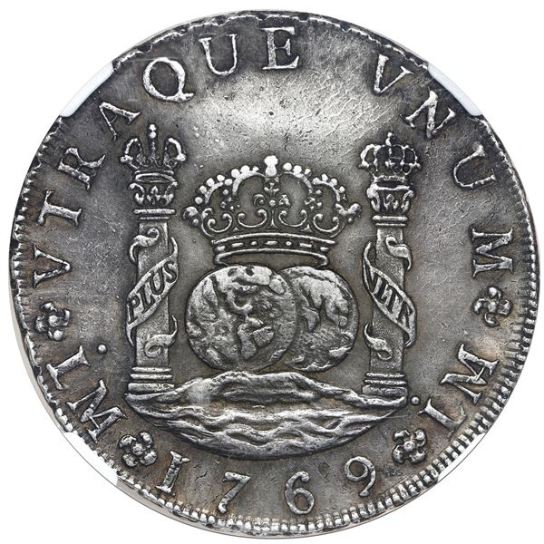 Lima, Peru, pillar 8 reales, Charles III, 1769 JM, dot over left mintmark only, dissimilar crowns, N