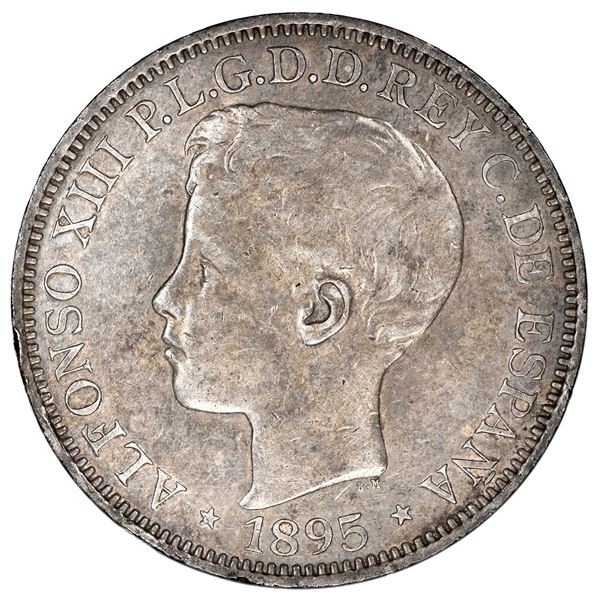 Puerto Rico (under Spain), 1 peso, Alfonso XIII, 1895 PG-V, NGC AU 55.