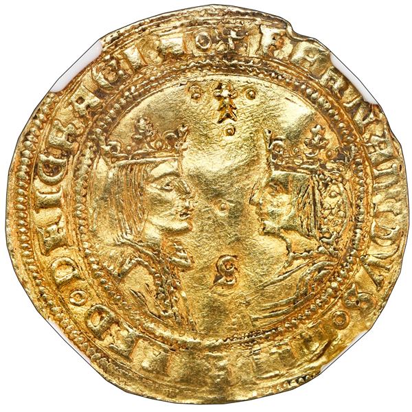 Seville, Spain, gold double excelente, Ferdinand-Isabel, ermine and three dots at top and mintmark S