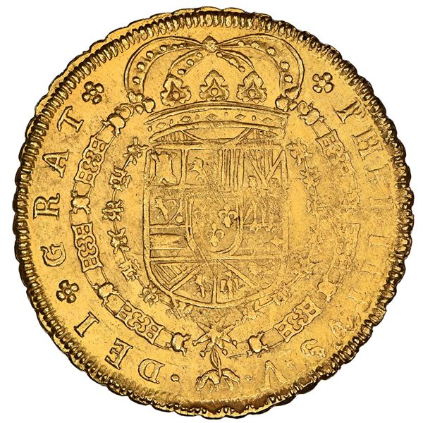 Seville, Spain, gold milled 8 escudos, Philip V, 1701 M, S-8-M-8 on reverse, dots flanking fleece, N