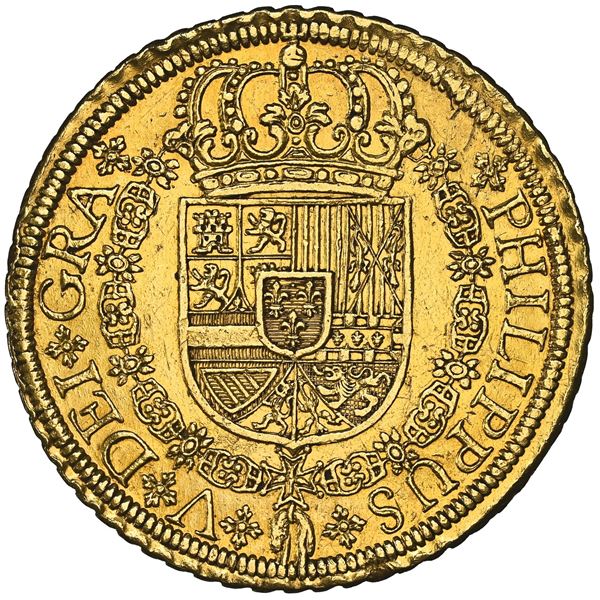 Segovia, Spain, gold milled 8 escudos, Philip V, 1721/19F, rare, NGC AU 55.