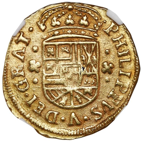 Seville, Spain, gold milled 2 escudos, Philip V, 1704 P, rotated 4, NGC MS 62, finest and only examp