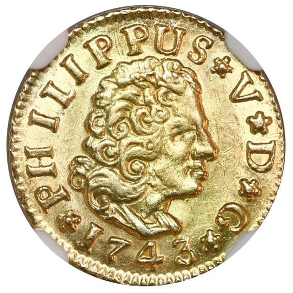 Seville, Spain, gold bust 1/2 escudo, Phillip V, 1743 PJ, NGC MS 63.