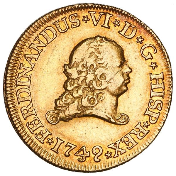 Seville, Spain, gold bust 2 escudos, Ferdinand VI, 1749 PJ, rare, NGC AU 50, finest known in NGC cen