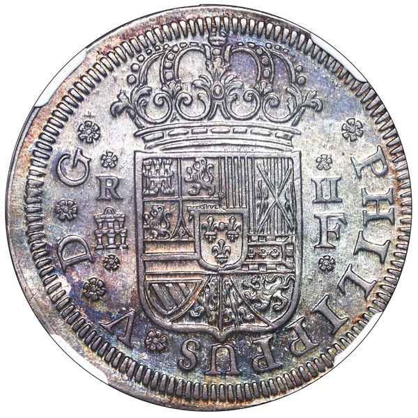Segovia, Spain, milled 2 reales, Philip V, 1727 F, NGC MS 62.