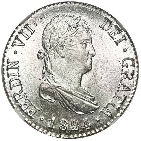Madrid, Spain, bust 2 reales, Ferdinand VII, 1824 AJ, NGC MS 66.