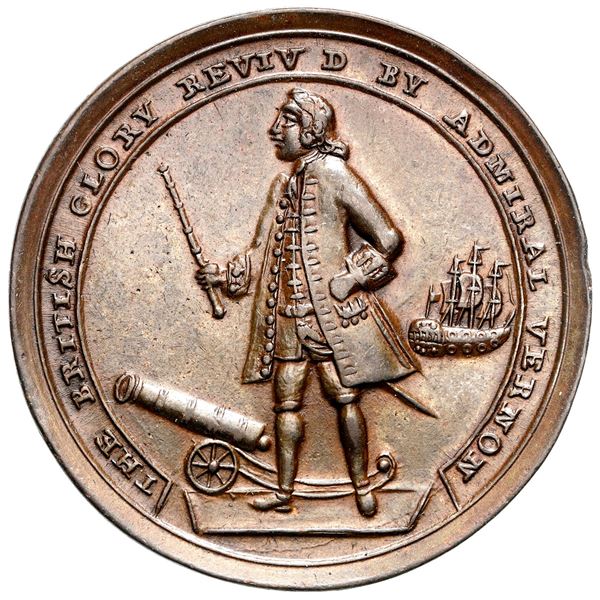 Great Britain, copper alloy Admiral Vernon medal, 1739, Vernon and cannon and ship / Porto Bello, ex