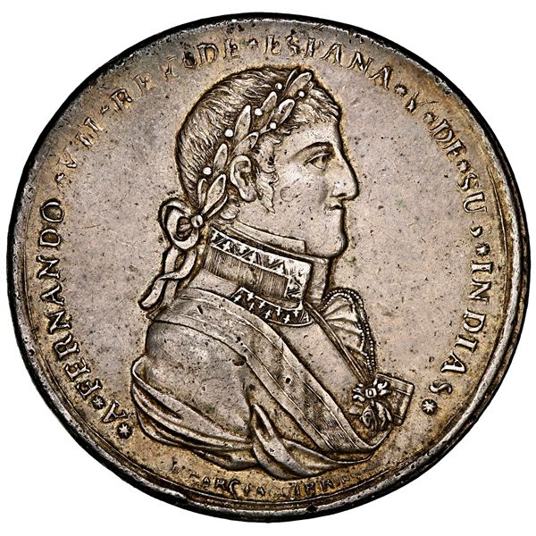 Guatemala, silver proclamation medal, Ferdinand VII, 1808, rare, NGC AU 55, finest and only example