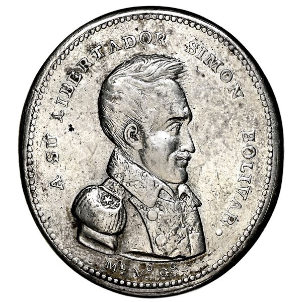 Lima, Peru, silver-plated bronze essai medal, 1824, Ayacucho, by engraver Manuel Villavicencio Gonza