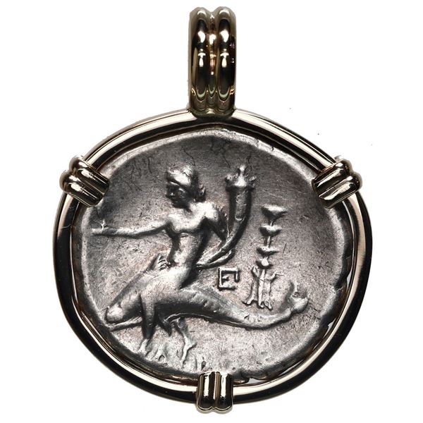 Calabria, Tarentum, AR didrachm, "boy on dolphin," 235-228 BC, mounted dolphin-side out in 14K gold
