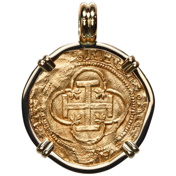 Seville, Spain, gold 1 escudo, Charles-Joanna, assayer Gothic D to right, mounted cross-side out in