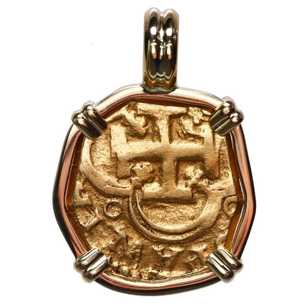 Seville, Spain, gold cob 2 escudos, Philip III, assayer G, mounted cross-side out in 18K gold bezel