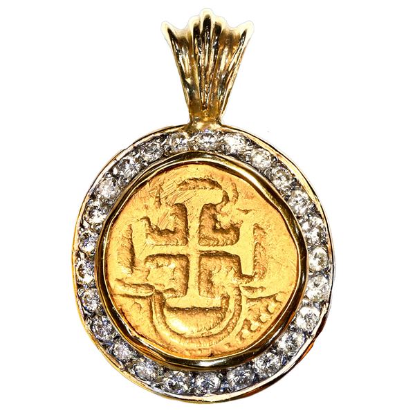 Seville, Spain, gold cob 1 escudo, Philip III, assayer B, mounted cross-side out in fancy 18K gold b