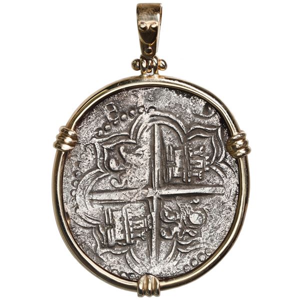 Potosi, Bolivia, cob 8 reales, Philip III, assayer M, Grade 1, ex-Atocha, mounted cross-side out in