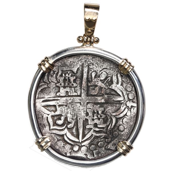 Potosi, Bolivia, cob 8 reales, Philip III, assayer T, Grade 1, ex-Atocha, mounted cross-side out in