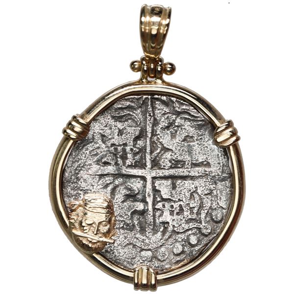 Potosi, Bolivia, cob 4 reales, Philip III, assayer T, Grade 2, ex-Atocha, mounted cross-side out in