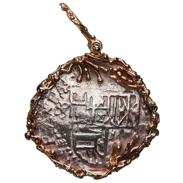 Potosi, Bolivia, cob 2 reales, Philip III, assayer M, Grade 1, ex-Atocha (1622), mounted shield-side