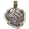 Image 2 : Potosi, Bolivia, cob 4 reales, 1753 q, mounted cross-side out in 14K gold bezel with fixed bail.