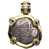 Image 2 : Potosi, Bolivia, cob 2 reales, 1740 M, mounted pillars-side out in 18K gold bezel with diamonds and 