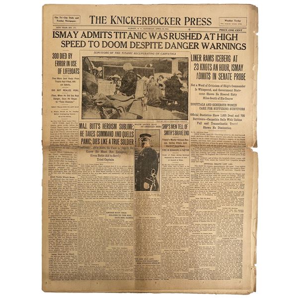 Knickerbocker Press, Albany, New York, Saturday, April 20, 1912, with headline "Ismay Admits Titanic