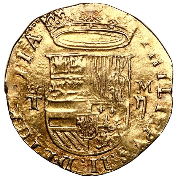 Toledo, Spain, gold cob 2 escudos, Philip II, mintmark oT to left, assayer M above denomination ii t
