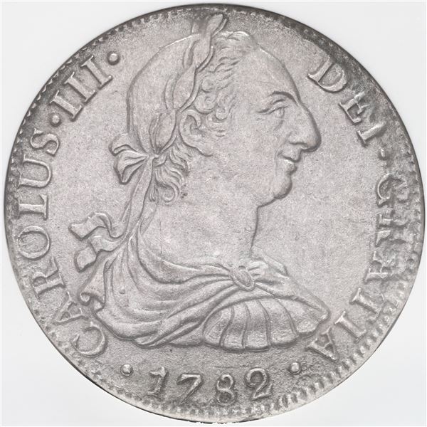 Mexico City, Mexico, bust 8 reales, Charles III, 1782 FF, NGC genuine / El Cazador shipwreck label.