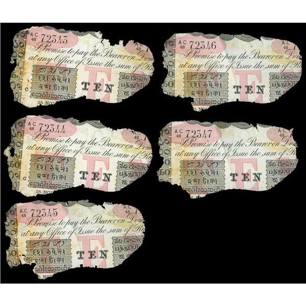 Lot of five Calcutta, British India, 10 rupees notes, 25-11-1916, series AC, consecutive serials 723