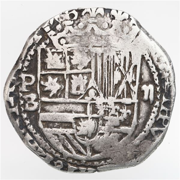 Potosi, Bolivia, cob 2 reales, Philip II, assayer B (5th period), borders of x's, ex-Ugaz.