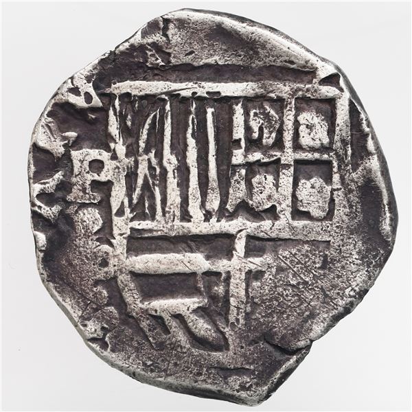 Potosi, Bolivia, cob 2 reales, Philip IV, assayer P, quadrants of cross and upper half of shield tra