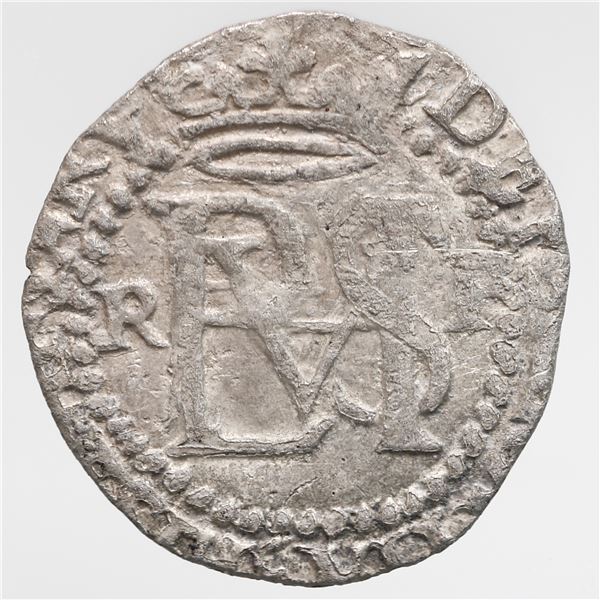 Potosi, Bolivia, cob 1/2 real, Philip II, assayer R (Rincon) to left, mintmark P to right.